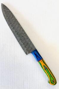 Custom Damascus Steel Chef Knife With Multi-Color Stabilized Wood Handle, 6.75" Blade