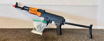 Electric AK Style Airsoft AEG Rifle, Folding Metal Stock, High-Cap Magazine, Faux Wood Handguard