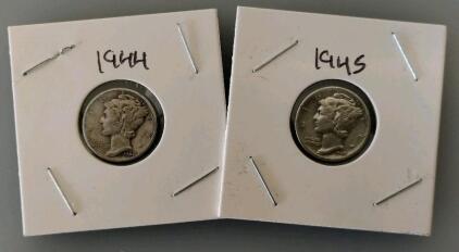 1944 & 1945 U.S. Mercury Dimes, 90% Silver, Designed By Adolph A. Weinman