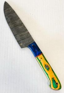 Custom Damascus Steel Chef Knife With Multi-Colored Stabilized Wood Handle