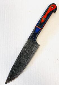 Custom Damascus Steel Chef Knife, 8" Blade, Mosaic Pin, Blue/Red Stabilized Wood Handle