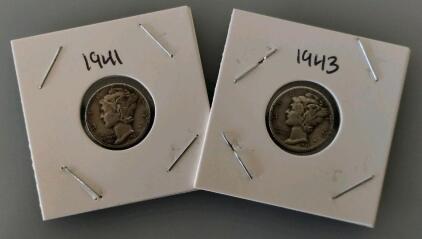 1941 & 1943 Mercury Silver Dimes, U.S. 90% Silver, Circulated, Weinman Design