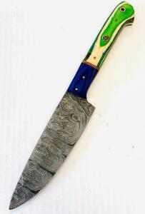 Damascus Steel Chef Knife, 8" Blade, Custom Blue-Green Laminated Handle, Full Tang