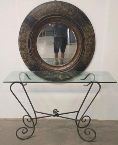 Wrought Iron Glass Console Table & Large Round Ornate Bronze Wall Mirror Set, Approx. 36" Mirror