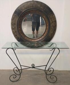 Wrought Iron Glass Console Table & Large Round Ornate Bronze Wall Mirror Set, Approx. 36" Mirror