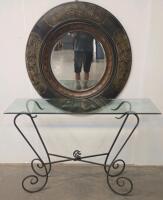 Wrought Iron Glass Console Table & Large Round Ornate Bronze Wall Mirror Set, Approx. 36" Mirror