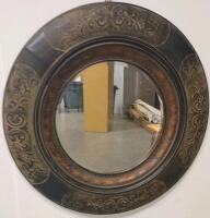 Wrought Iron Glass Console Table & Large Round Ornate Bronze Wall Mirror Set, Approx. 36" Mirror - 2