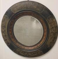 Wrought Iron Glass Console Table & Large Round Ornate Bronze Wall Mirror Set, Approx. 36" Mirror - 3