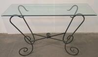 Wrought Iron Glass Console Table & Large Round Ornate Bronze Wall Mirror Set, Approx. 36" Mirror - 5