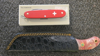 Custom Sheepsfoot Fixed Blade Knife With Resin Handle & Sheath + Red Swiss Army Knife