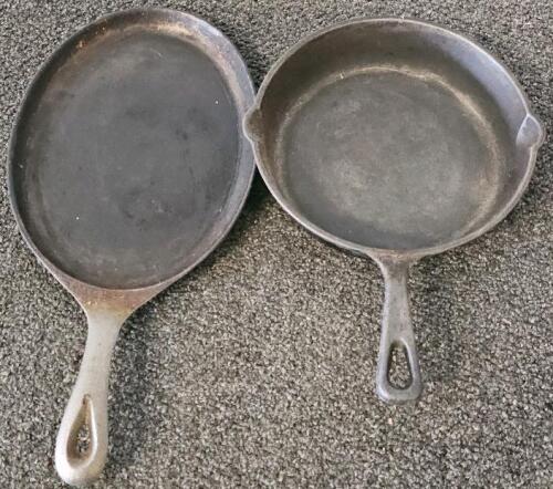 Cast Iron Skillet 9.5" & Oval Griddle 11" Set, "S" Mark, Made in China, Model 1/2, Loop Handles
