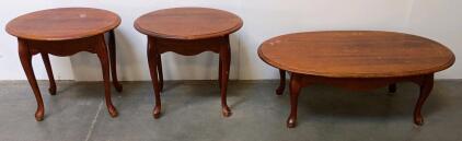 Queen Anne Style Table Set &ndash; Oval Coffee Table & 2 Round End Tables, Solid Wood, Brown