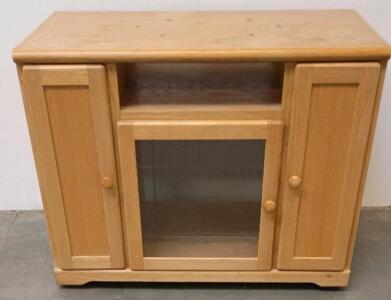 Solid Wood TV Cabinet Stand, 3 Doors (1 Glass Center), Shelves, Casters, Oak Finish