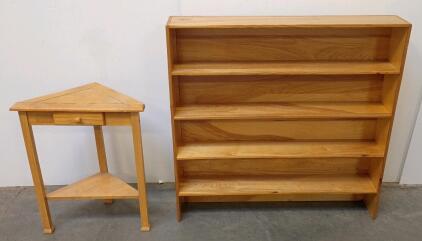Solid Wood Corner Table With Drawer & Lower Shelf + 5-Shelf Bookshelf, Natural Finish