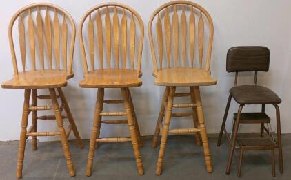 Set Of 3 Wooden Spindle Bar Stools & 1 Vintage Cosco-Style Metal Step Stool Chair