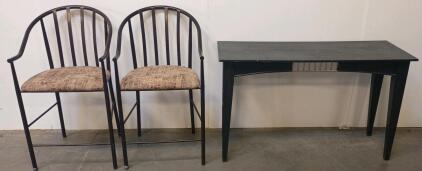 Black Metal Armrest Side Chairs (Set Of 2) With Upholstered Seats & 48" Writing Desk, Black