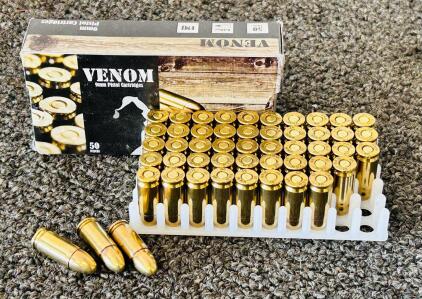 VENOM 9MM Luger 124Gr FMJ Brass Pistol Ammo, 50 Rounds, 2020 Headstamp, Boxed