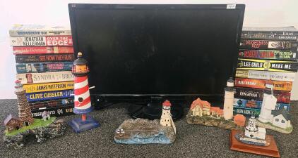 ViewSonic Monitor (Tested, Works), Assorted Books And 6 Painted Resin Lighthouse Figurines, Los Angeles Harbor, Mixed Styles, 4&ndash;7" Tall