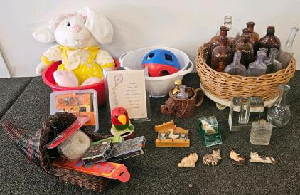 Assorted Vintage Glass Bottles And Jars, Home Decor, Toys, And More