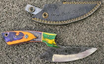 Custom Fixed Blade Skinner Knife With Tooled Leather Sheath, 4" Carbon Steel Blade, Mosaic Pin Handle