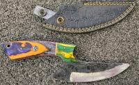 Custom Fixed Blade Skinner Knife With Tooled Leather Sheath, 4" Carbon Steel Blade, Mosaic Pin Handle