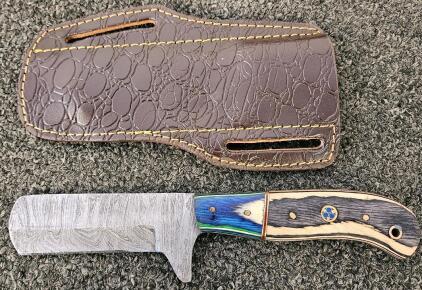 Custom Damascus Steel Fixed Blade Knife With Multi-Colored Layered Handle And Tooled Leather Sheath