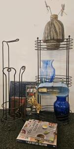 Metal Racks, Blue Vases, Books, Pioneer Album, Vintage Lamp (Tested, Works) (C)