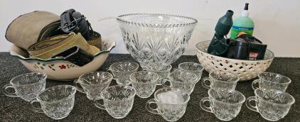 Glass Punch Bowl Set, Holiday Bowls, Coleman Pump, Tow Straps, And Walkers Earmuffs