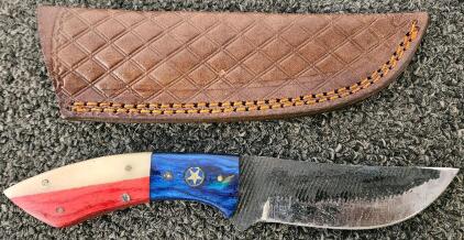 Custom Texas Flag Handle Fixed-Blade Knife, 3.5" Carbon Steel Blade, Leather Sheath