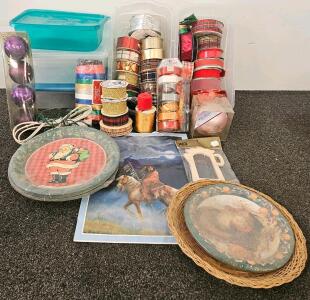 Holiday & Craft Decorations - Including Decorative Plates, Ribbons, Plastic Storage Bins, String Lights, Wooden Craft Shapes, And More