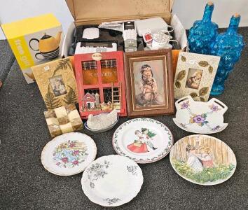 Vintage Decor & Collectibles: Plates, Blue Glass Bottles, Art, LifeShield Security System