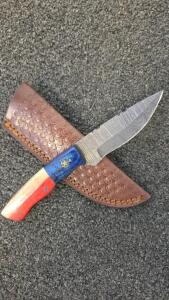 Hand-Forged Damascus Fixed Blade Knife With Multi-Colored Wood Handle & Leather Sheath