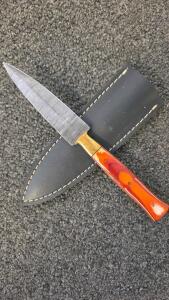 Hand-Forged Damascus Fixed Blade Knife With Multi-Colored Wood Handle & Leather Sheath