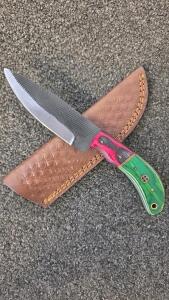 Hand-Forged Damascus Fixed Blade Knife With Multi-Colored Wood Handle & Leather Sheath