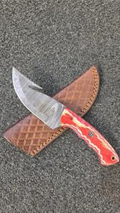 Hand-Forged Damascus Fixed Blade Knife With Multi-Colored Wood Handle & Leather Sheath