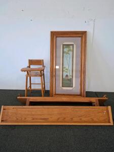 Vintage Wooden Doll High Chair, Framed Art Print, Pair of 48" Oak Plate Display Shelves
