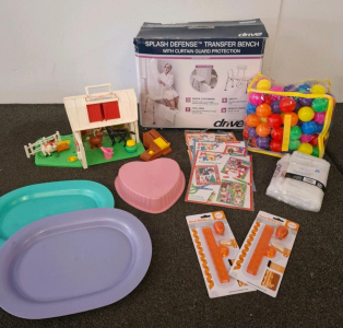 Splash Defense Transfer Bench With Curtain Guard Protection, Clear Shoe Organizer, Holiday Memory Kits, Kids Toys, And More