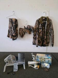 Mossy Oak Camouflage Hunting Clothing Set, Rival Electric Slicer, DAC #10 Meat Grinder Kit