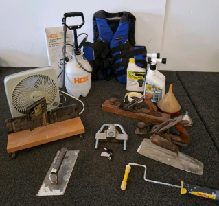 Assorted Hand Tools And Equipment &ndash; PFD, Miter Box, Sprayer, Fan (Powered On), Hitch Lock, Planes, And More