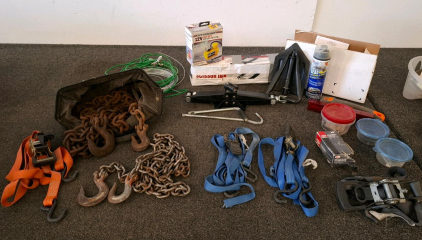 Automotive & Shop Tools: Tow Chains, Rachet Straps, Scissor Jack, Inflator, Saw Blades, Bike Tube, And More