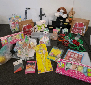 Large Holiday Decor & Crafts: Plush Toys, Easter Egg Lights, Cookie Cutters, Floral Picks, Hardware Store Metal Shelves