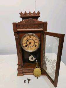 Vintage Mechanical Mantel Clock, Carved Wood, Etched Glass, Dual Key, Brass Pendulum