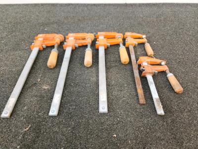 Set Of 5 Pony-Style Bar Clamps &ndash; 24&ndash;30In Steel Bars, Wood Handles, Model 379x Marking, Heavy Duty (OT)