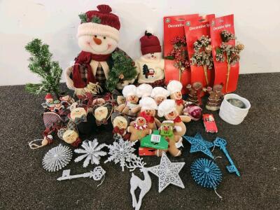 Plush Snowman Dolls, Gingerbread Ornaments, Decorative Sprays, Tree, Mixed Decor (Shelf A)