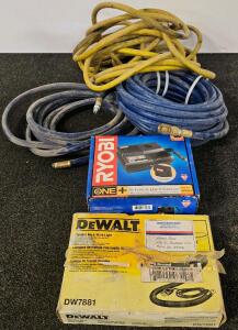 DEWALT DW7881 Work Light (Functional), RYOBI P130 18V Charger (Unable To Test) & 3 Air Hoses, Flexible Neck & Carry Case