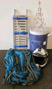 Kelty 65L Backpack, Rubbermaid 10 Gal Cooler, FLY MX Helmet, Bathroom Shelf, Wire Tree