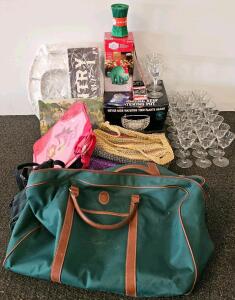 Vintage Ralph Lauren Green Duffel Bag, 7 Assorted Purses, Strawberry Shortcake Bag, 11" White Hanging Self Watering Planter w/ Hardware in Box, 3ft Wide Holiday Baby Dinosaur Inflatable, White Toilet Seat w/ Hardware (New in Plastic), Set of 3 Cordial Gla