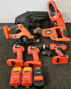 Black & Decker FireStorm 18V Cordless Tool Kit, Drill, Circular/Recip Saw, Vac, 2 Flashlights, 3 Batteries, And Carrying Bag
