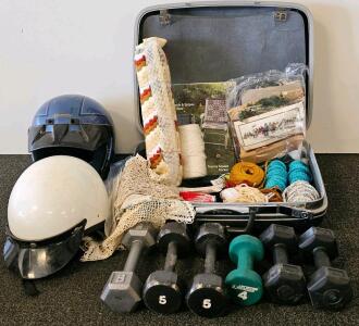 Vintage Samsonite Hard Shell Suitcase, Black, 26" x 19", With Mixed Craft Supplies, Helmets, Dumbbells