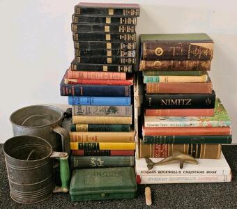 Vintage Books With Oppenheim Set, Napoleon Volumes, Kitchenware, Singer Buttonholer & Brass Dolphin